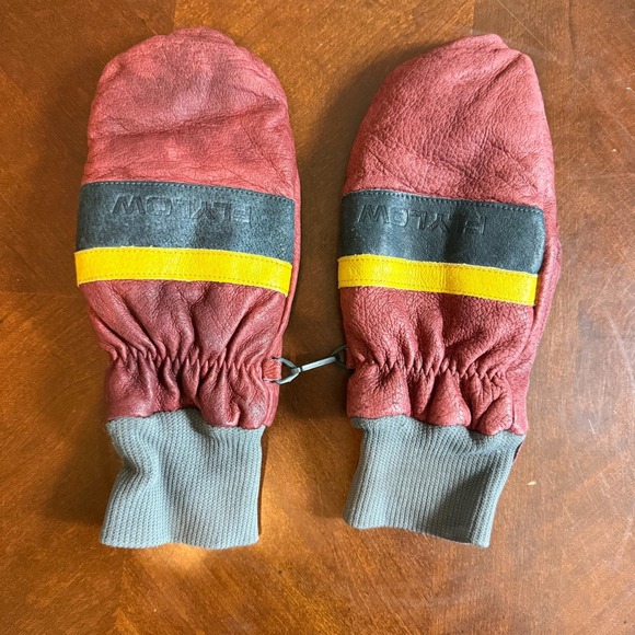 Flylow vtg Leather Ski Mittens  Red Black Yellow Stripe Wool Lined Winter glove - Picture 1 of 8